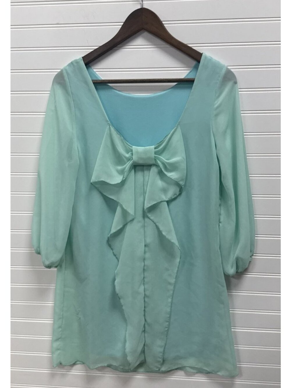 Miin Women's Tiffany Blue Mint Green Solid Sheer Bow Back Blouse Top Sz Small